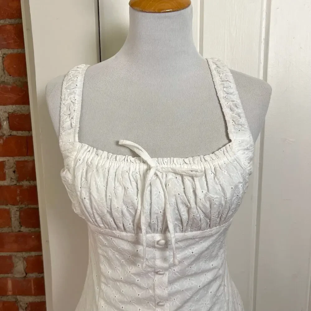 NEW All in Favor White Eyelet Mini Dress Cottagecore Milkmaid Dress Medium - Picture 2 of 10